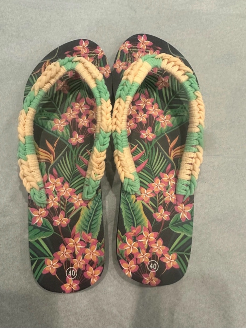 Handmade one of a kind slippers Floral Braided Flip Flops in Pink & Yellow SZ 40